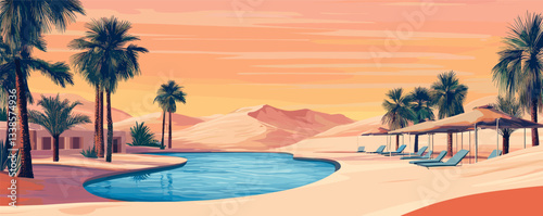 Tranquil desert oasis at sunset with palm trees and poolside loungers.