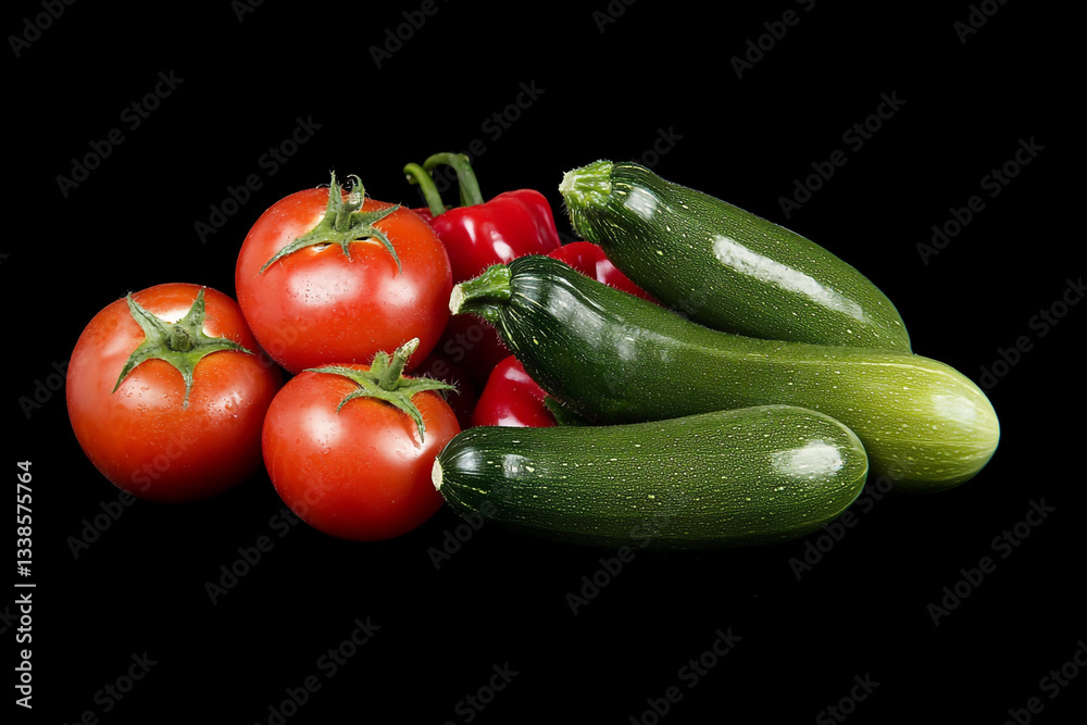 A pile of vegetables, including tomatoes, zucchini, and red peppers, on a black background. A pile of vegetables, including tomatoes, zucchini, and red peppers, on a black background.