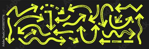 Set of sketch arrows and pointers with brush, crayon or marker texture. Elements of navigation or direction for design. Yellow vector illustration on a Blackboard.
