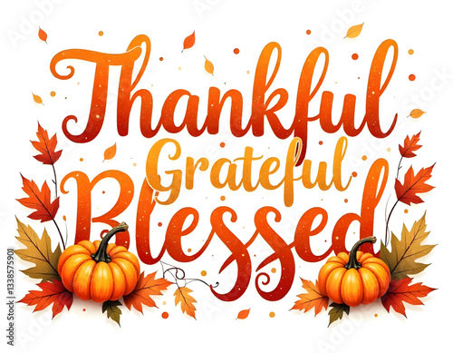 Orange thankful grateful blessed lettering design, thankful card design, Fall thanksgiving text, fall shirt quote, halloween background with pumpkin Adobe Illustrator Artwork