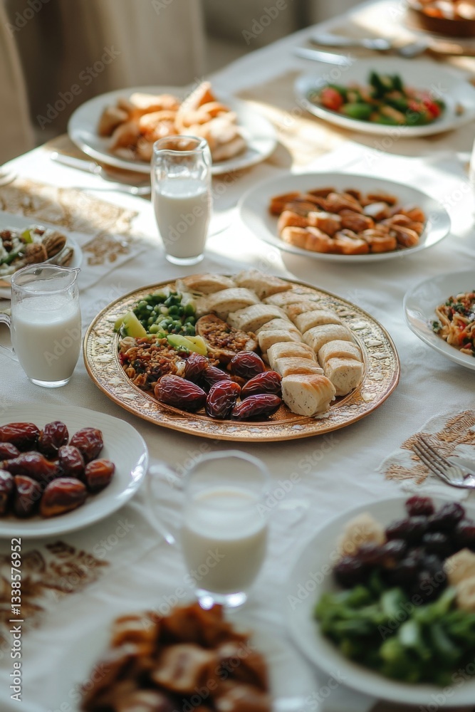 A table set with various dishes and a glass of milk, perfect for a morning meal A table set with various dishes and a glass of milk, perfect for a morning meal