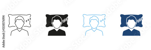 Man Sleeping On Pillow Line and Silhouette Icon Set Indicating Sleep Hygiene And Bedtime Routine. Health And Rest Outline and Solid Symbol. Editable Stroke. Isolated Vector Illustration