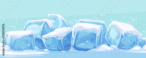 Icy blue ice cubes in snowy pile against light blue background.