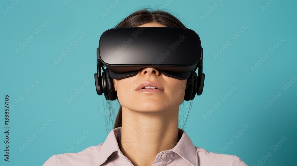 Woman wearing virtual reality headset and headphones against a blue background. Woman wearing virtual reality headset and headphones against a blue background.