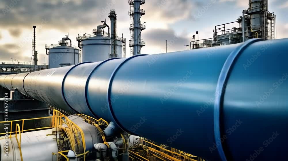 Hydrogen production facilities are featured in an industrial environment, showcasing pipelines and processing equipment against a cloudy sky. This setup highlights renewable energy efforts