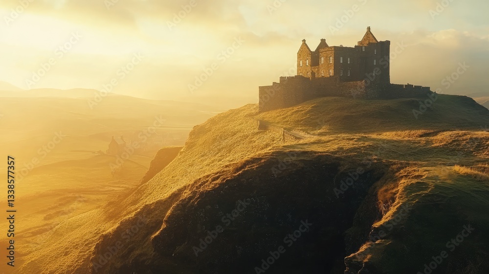 Obraz premium Majestic Castle on a Rugged Hill Under Golden Sunrise Sky