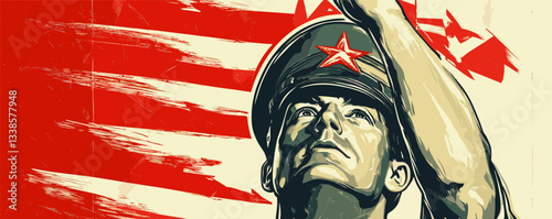 Powerful soviet-inspired poster of young male soldier with raised fist against red and white background.
