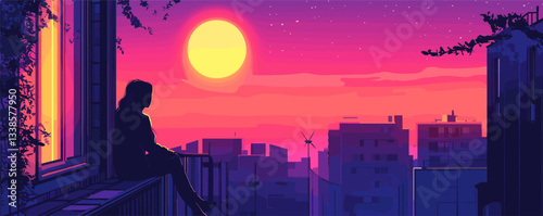 Silhouette of a woman enjoying a sunset view from an urban balcony.
