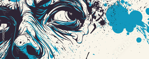 Intense abstract face with bold brush strokes and blue splashes in dynamic art style.