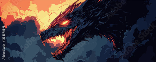 Fiery dragon silhouette against sunset sky with glowing eyes and smoke.