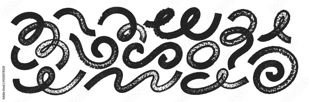 Set of hand drawn squiggle and swoosh with brush, crayon or marker texture. Wave calligraphy elements with organic texture. Black vector illustration isolated on white background.