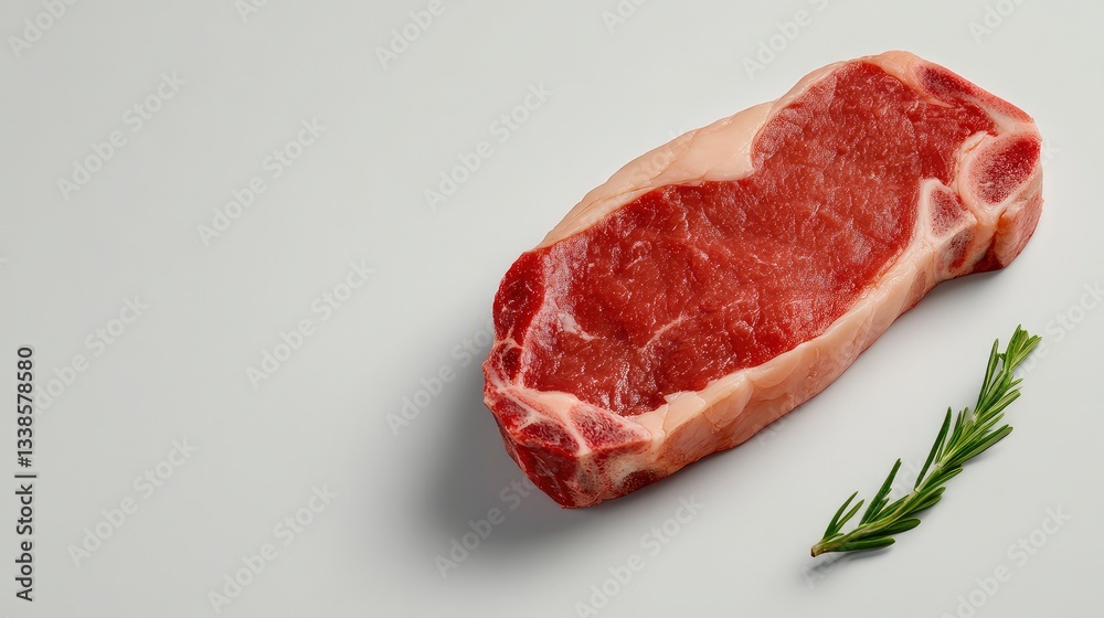 Raw strip steak with rosemary sprig on a white background. Raw strip steak with rosemary sprig on a white background.