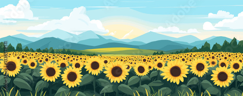 Vibrant sunflower field with mountain backdrop under a clear sky.