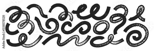 Set of hand drawn squiggle and swoosh with brush, crayon or marker texture. Wave calligraphy elements with organic texture. Black vector illustration isolated on white background.