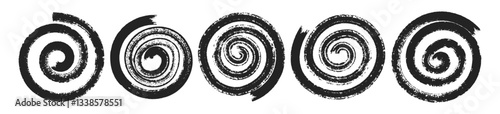 Set of spirals, swirls or spins painted with brush or marker. Hand drawn design elements with organic texture of crayon or pastel. Black vector illustration isolated on a white background.