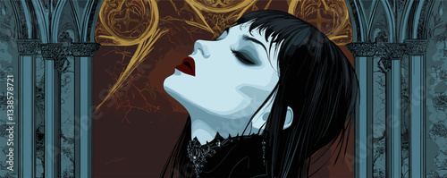 Gothic woman with dark makeup under ornate archway in dramatic art style.