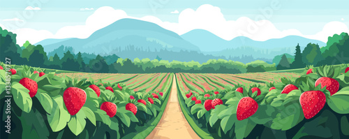 Scenic view of lush strawberry fields with mountain backdrop on a clear day.