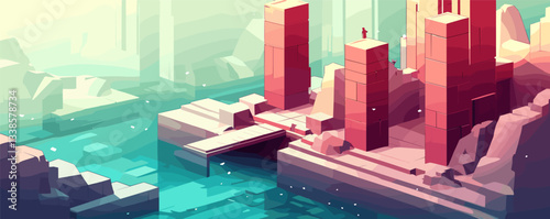 Geometric fantasy landscape with abstract red towers and calm blue water.