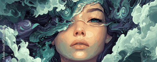 Dreamy portrait of a young woman surrounded by abstract ocean waves and swirling colors.