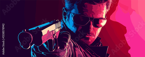 Stylized man with sunglasses and gun in neon light.