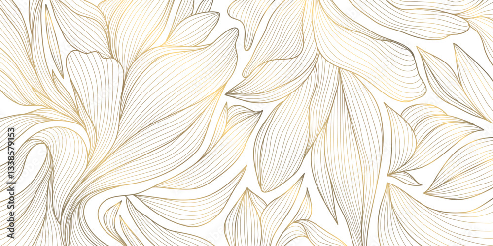 Vector art deco leaves luxury background, elegant vintage fancy floral pattern. Jungle gatsby ornament, line hand drawn wavy nature wallpaper. Baroque illustration