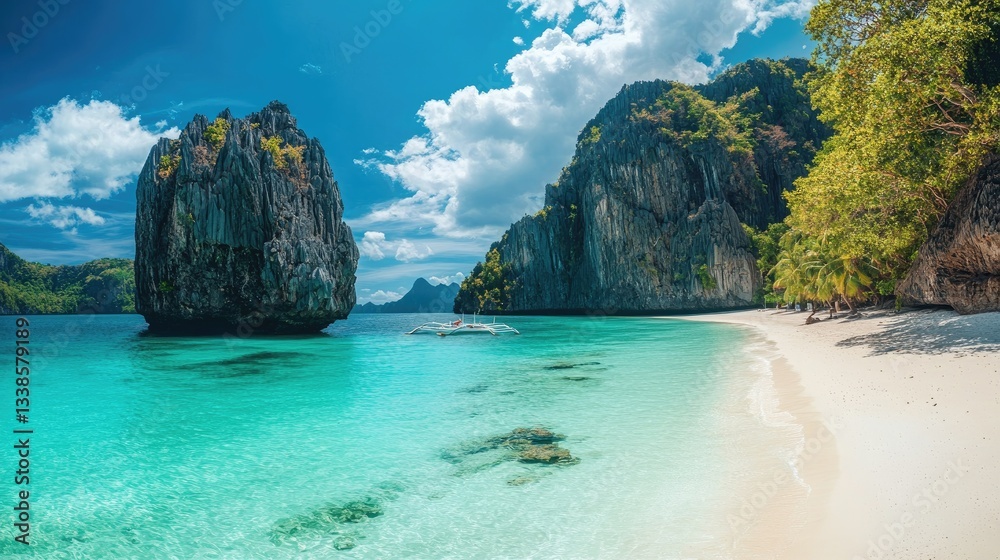 Fototapeta premium Tropical Paradise with Turquoise Waters and Lush Rocky Cliffs