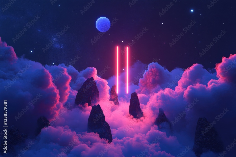Fototapeta premium A futuristic landscape with two bright lights in the sky, suitable for use in science fiction concepts or space-themed designs