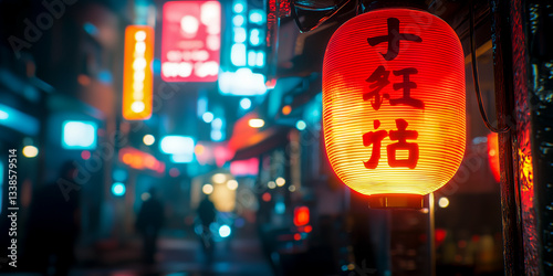 Wallpaper Mural close up of a japanese red lantern in neon-lit urban alley at night with blurred backbround Torontodigital.ca