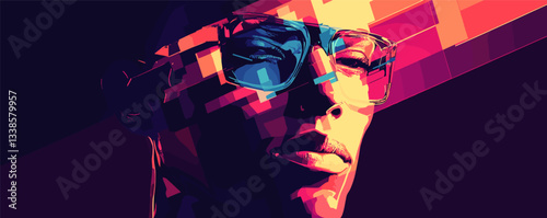 Abstract digital art of man wearing glasses with geometric color patterns.