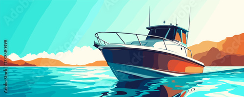 Vibrant boat on calm blue ocean waters near rocky coastline under clear sky.