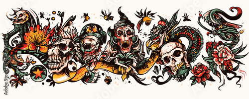 Colorful tattoo-inspired skull and snake artwork with flowers and abstract elements.