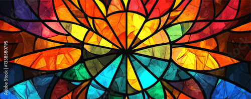 Vibrant stained glass art with multicolored geometric pattern in abstract design.