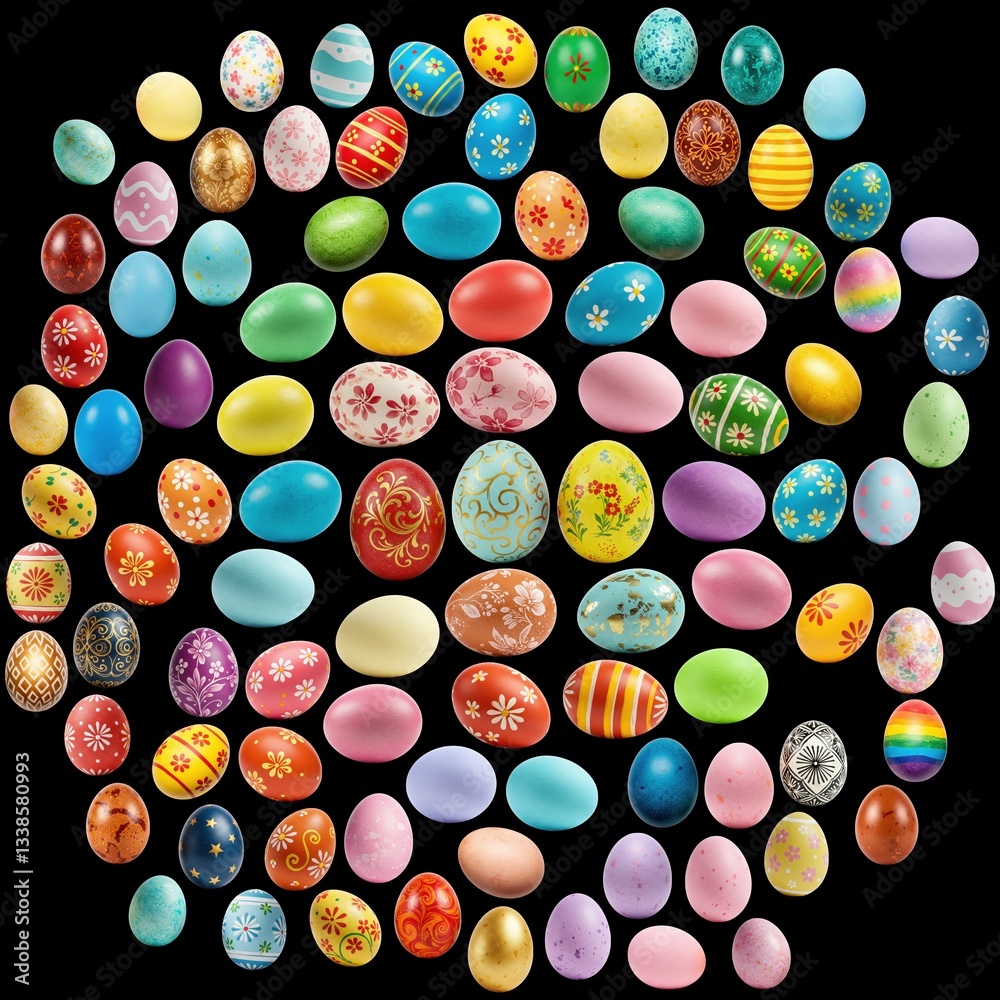 Vibrant Easter eggs with intricate designs on a black background, perfect for festive decorations. This non-transparent set includes beautifully colored eggs for Easter celebrations. Vibrant Easter eggs with intricate designs on a black background, perfect for festive decorations. This non-transparent set includes beautifully colored eggs for Easter celebrations.
