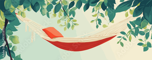 Peaceful garden hammock with red pillow among green leaves on sunny day.