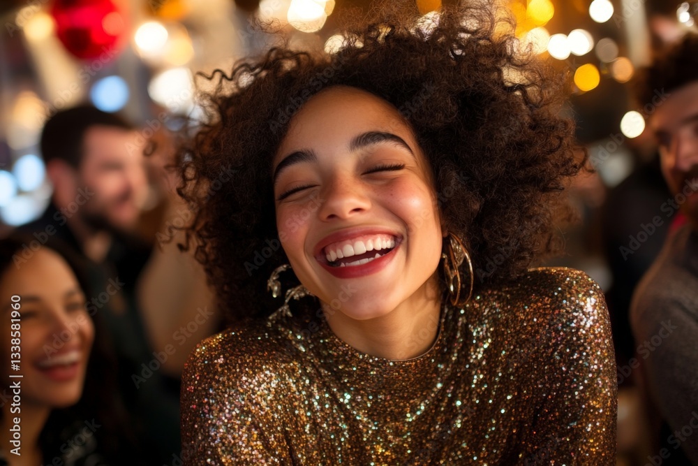 Lively gathering with joyful woman in sparkling outfit surrounded by friends celebrating at a festive event Lively gathering with joyful woman in sparkling outfit surrounded by friends celebrating at a festive event