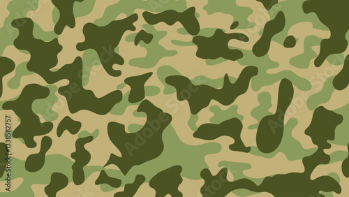 Classic Military Forest Camouflage Pattern. Vector Seamless Background with Muted Green, Sand Beige, and Dark Olive.