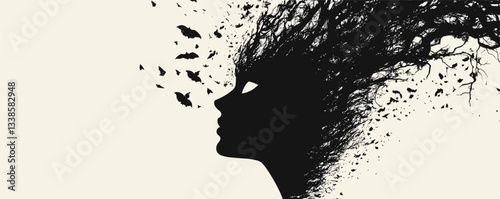 Abstract silhouette of woman with hair transforming into birds and branches.