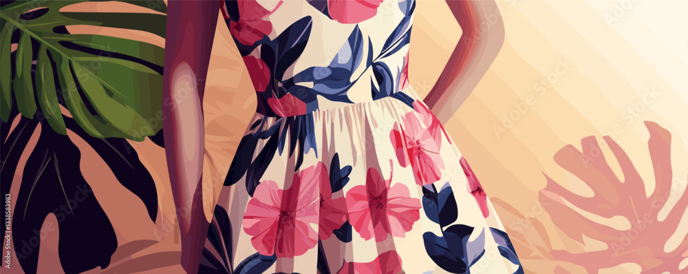 Fototapeta premium Woman in floral dress against leafy background with tropical design.