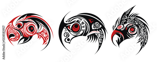 Stylized animal totem masks in red and black tribal art style.
