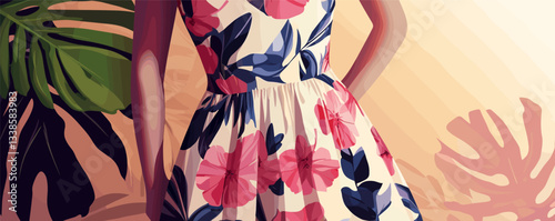 Woman in floral dress against leafy background with tropical design.