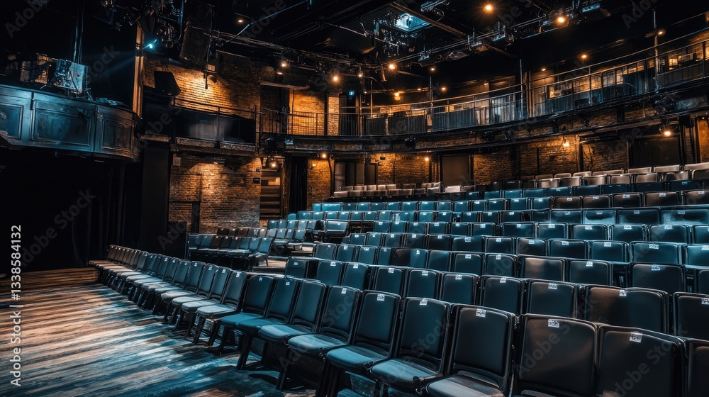 Naklejka premium Empty Theater Interior with Rows of Chairs and Soft Lighting Effects