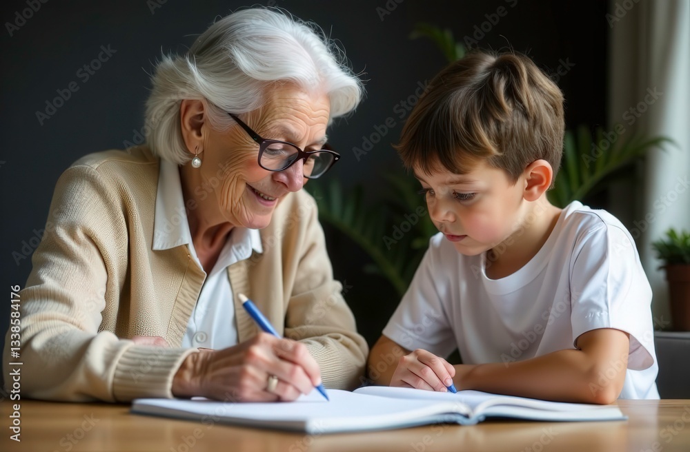 Grandmother and grandson doing homework Grandmother and grandson doing homework