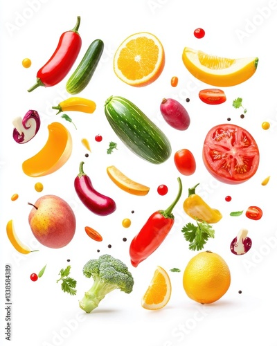 Wallpaper Mural Vibrant assortment of fresh produce floating against a clean white backdrop showcasing diverse colors and textures creating a dynamic and eye catching composition Torontodigital.ca