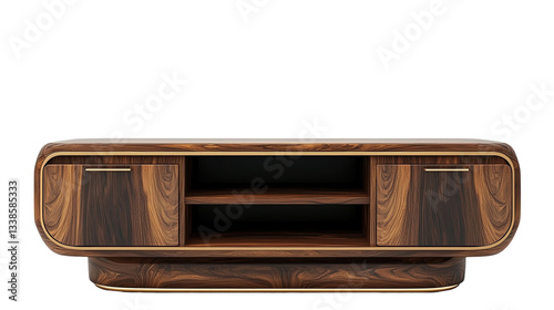 Modern wooden TV stand with open shelves, isolated on transparent background