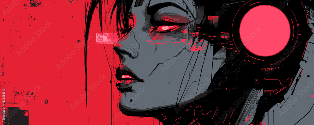 Futuristic portrait of woman with headphones and cyberpunk aesthetic on red background. Futuristic portrait of woman with headphones and cyberpunk aesthetic on red background.