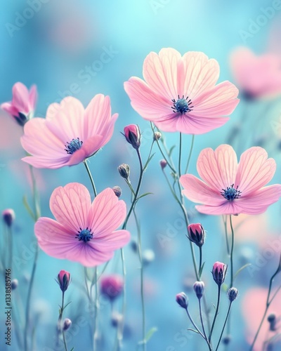 Serene pastel cosmos flowers in dreamy soft focus against a tranquil blue background evoking peace and beauty with a delicate touch