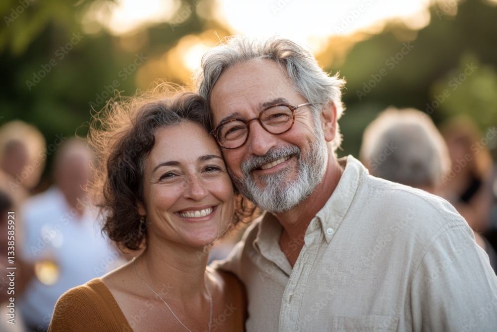 Warm smiles captured during an outdoor gathering at sunset with joyful friends and family Warm smiles captured during an outdoor gathering at sunset with joyful friends and family