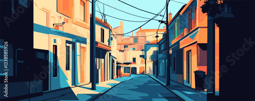 Colorful urban street with abstract shadows in a sunlit alleyway.