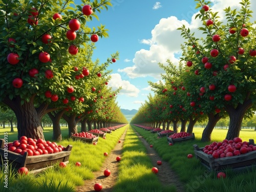 Huerto de manzanas con jugosas manzanas rojas suspendidas de ramas nudosas, rodeadas de un exuberante follaje verde esmeralda