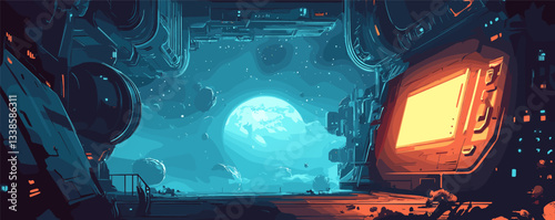 Futuristic space station interior with earth view and cosmic background.
